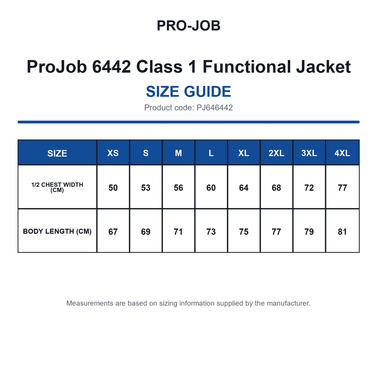 PJ646442 ProJob 6442 Class 1 Functional Jacket size guide (PJ646442)