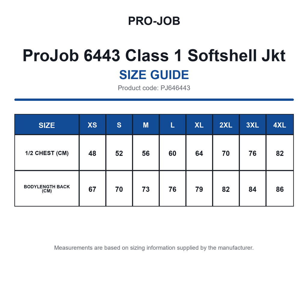 PJ646443 ProJob 6443 Class 1 Softshell Jkt size guide (PJ646443)