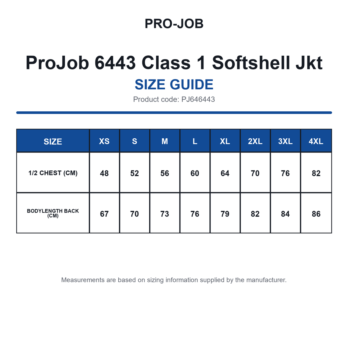 PJ646443 ProJob 6443 Class 1 Softshell Jkt size guide (PJ646443)