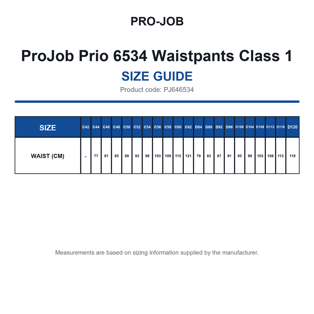 PJ646534 ProJob Prio 6534 Waistpants Class 1 size guide (PJ646534)