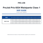 PJ646534 ProJob Prio 6534 Waistpants Class 1 size guide (PJ646534)