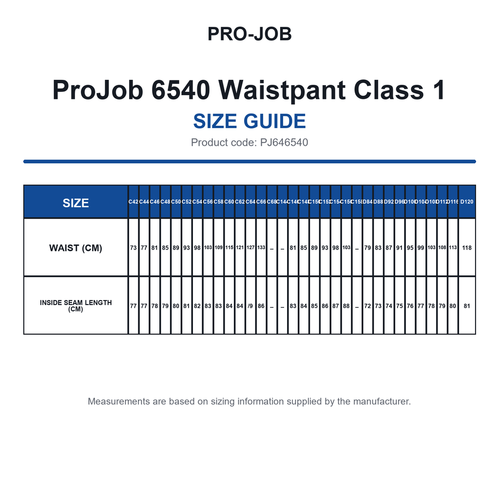 PJ646540 ProJob 6540 Waistpant Class 1 size guide (PJ646540)