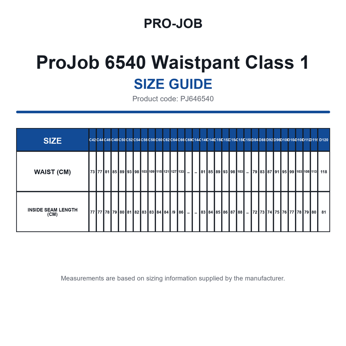 PJ646540 ProJob 6540 Waistpant Class 1 size guide (PJ646540)