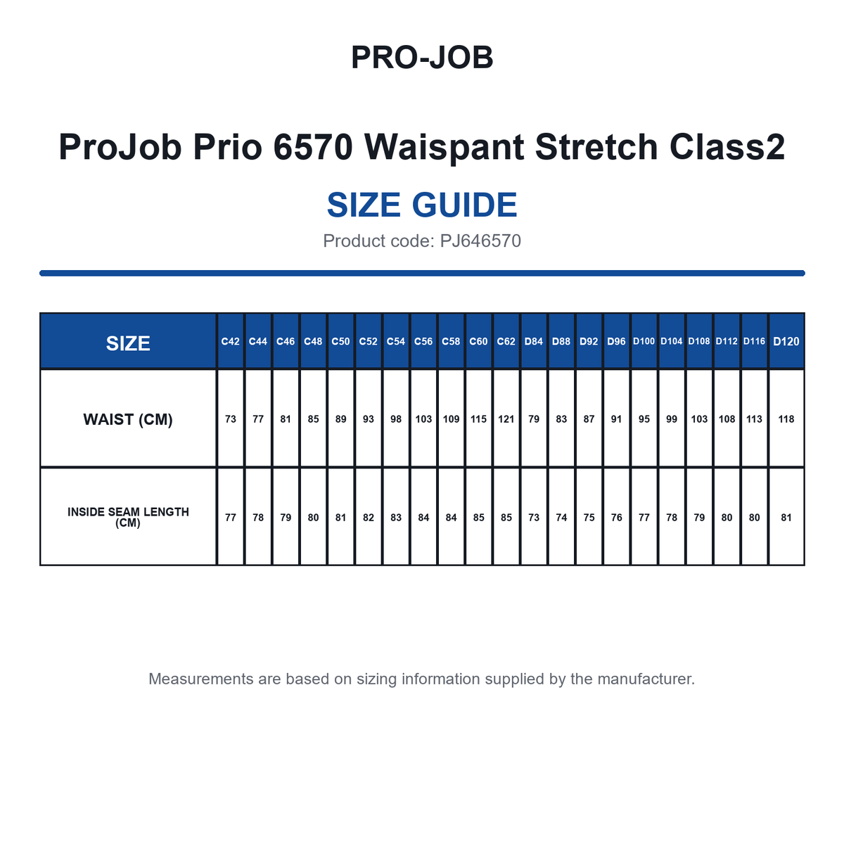 PJ646570 ProJob Prio 6570 Waispant Stretch Class2 size guide (PJ646570)