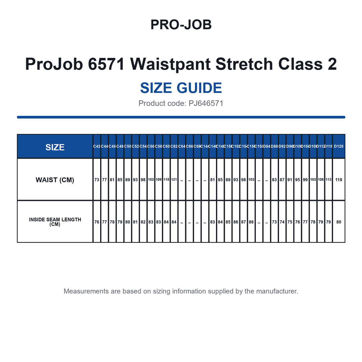 PJ646571 ProJob 6571 Waistpant Stretch Class 2 size guide (PJ646571)