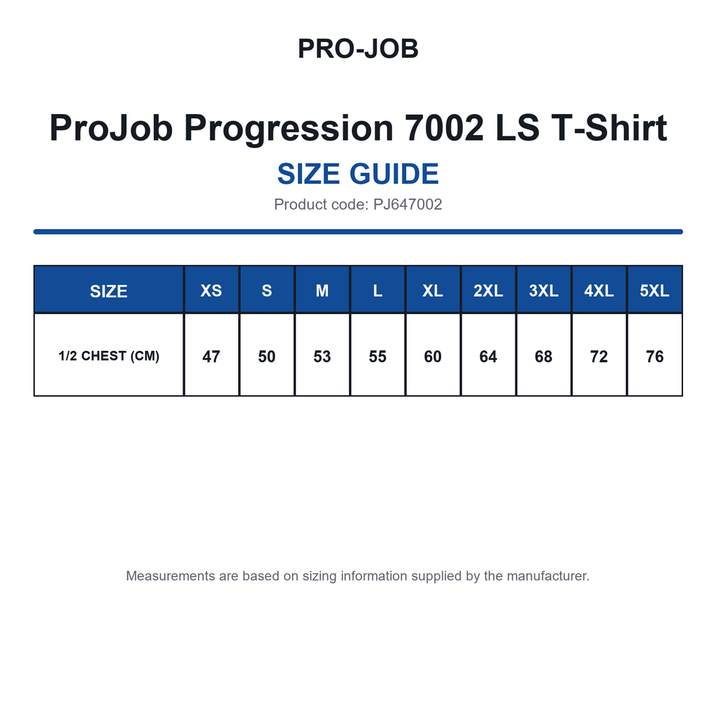 PJ647002 ProJob Progression 7002 LS T-Shirt size guide (PJ647002)