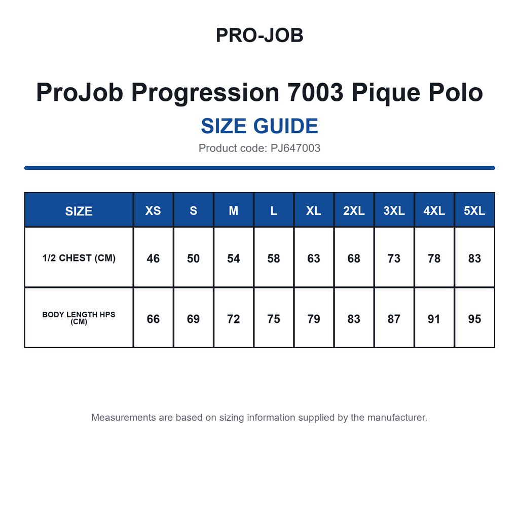 PJ647003 ProJob Progression 7003 Pique Polo size guide (PJ647003)