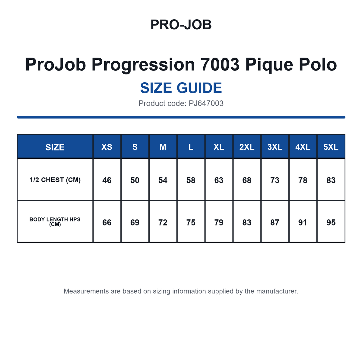 PJ647003 ProJob Progression 7003 Pique Polo size guide (PJ647003)