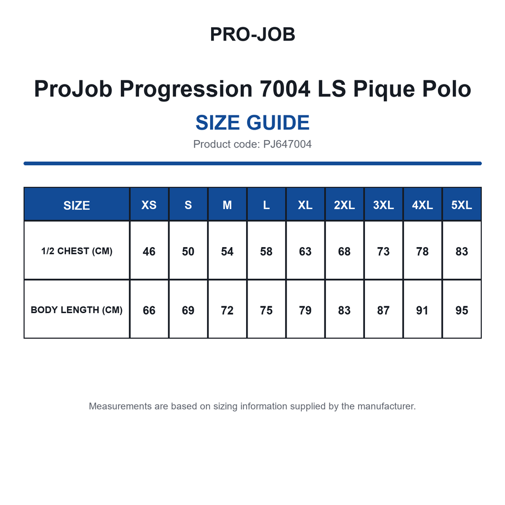 PJ647004 ProJob Progression 7004 LS Pique Polo size guide (PJ647004)