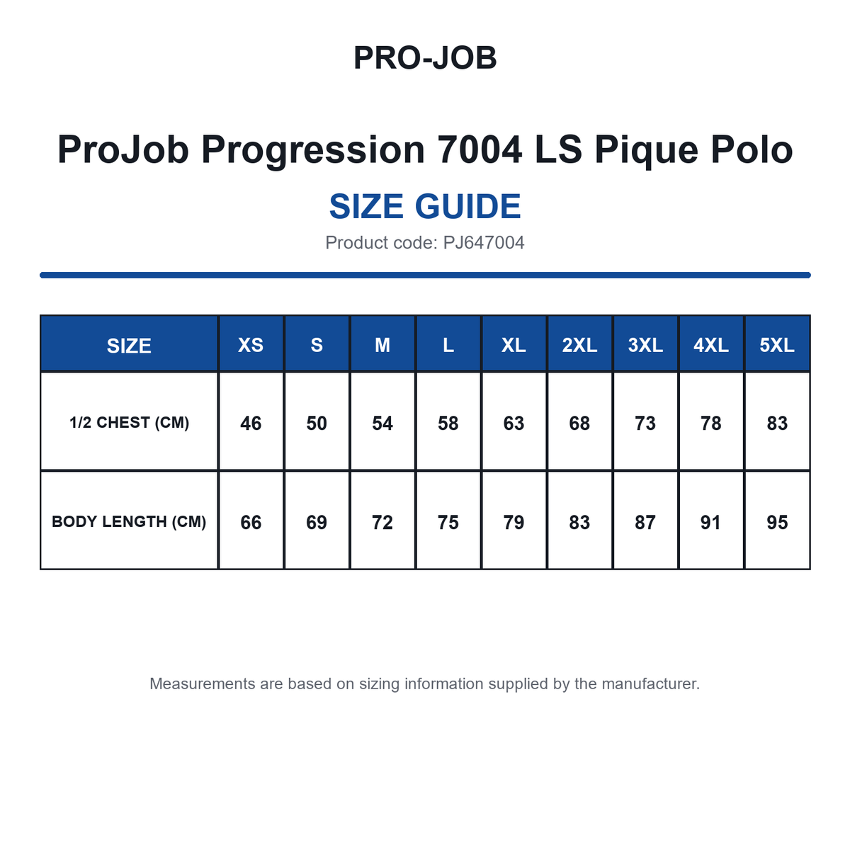 PJ647004 ProJob Progression 7004 LS Pique Polo size guide (PJ647004)
