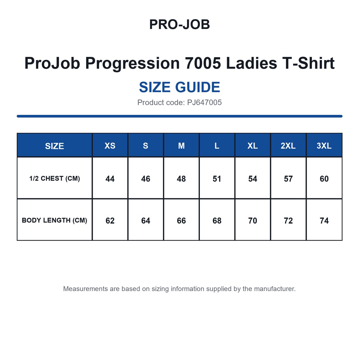 PJ647005 ProJob Progression 7005 Ladies T-Shirt size guide (PJ647005)