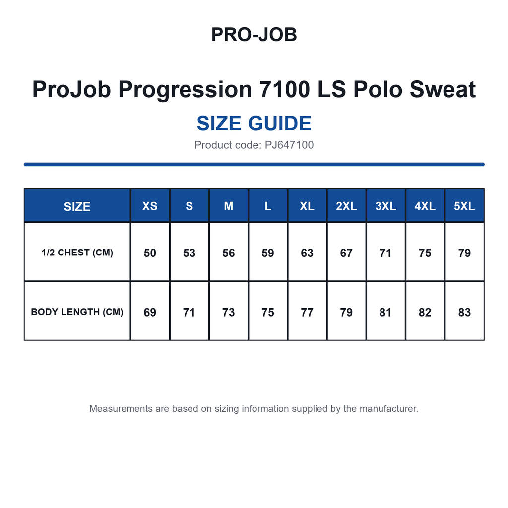 PJ647100 ProJob Progression 7100 LS Polo Sweat size guide (PJ647100)