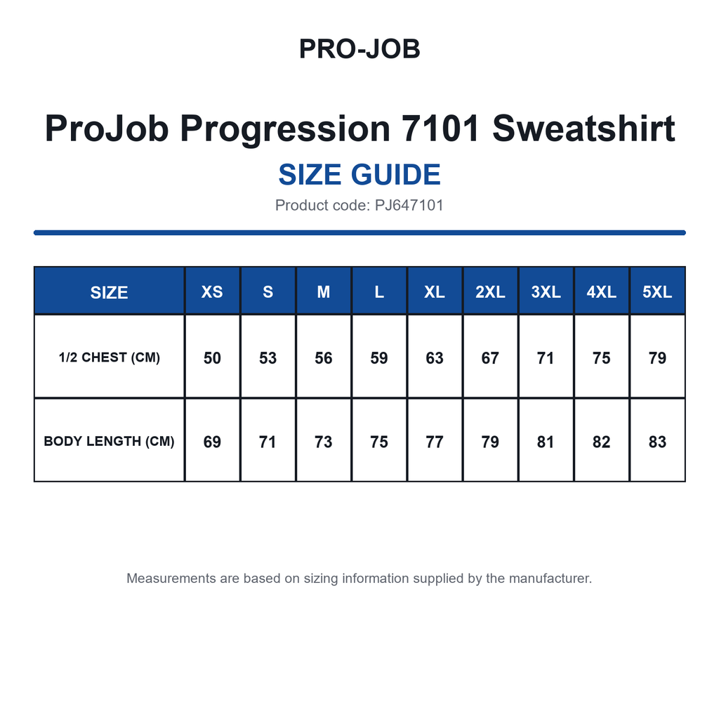 PJ647101 ProJob Progression 7101 Sweatshirt size guide (PJ647101)