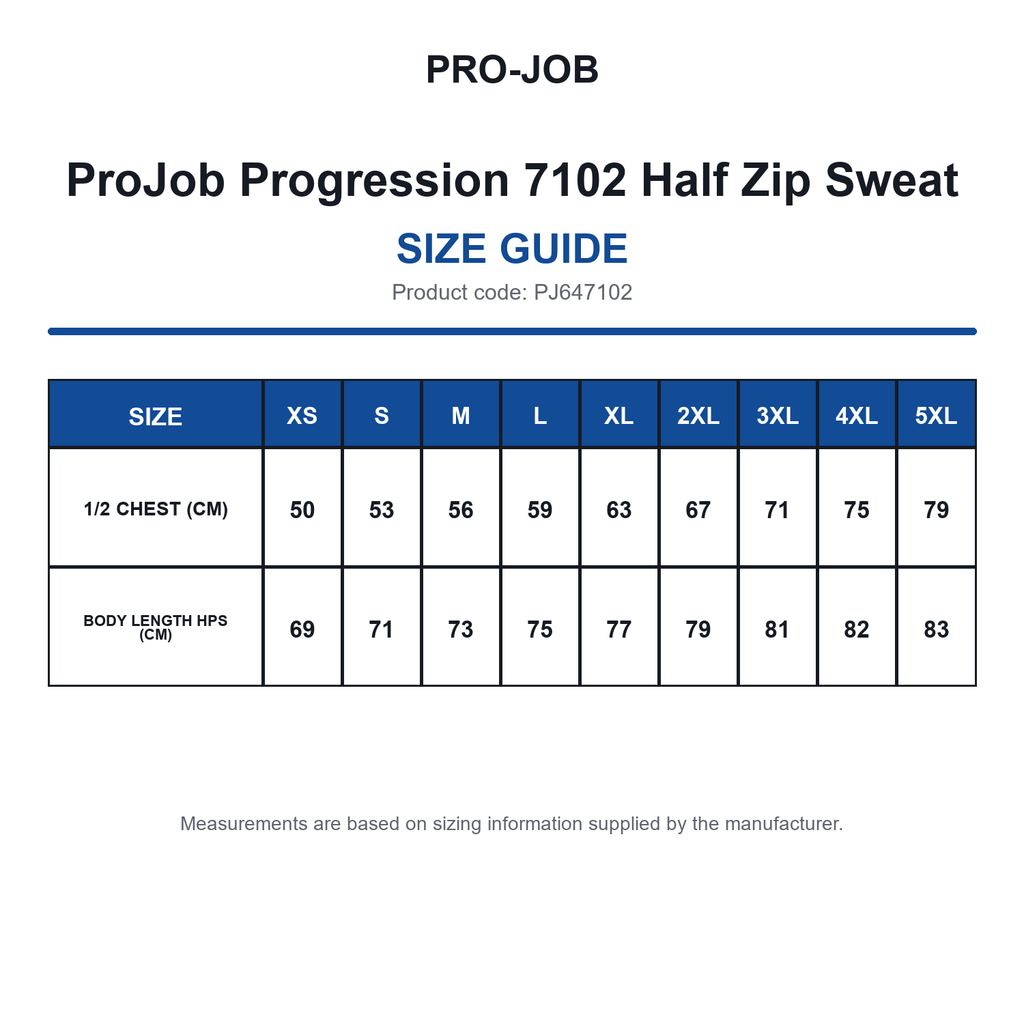 PJ647102 ProJob Progression 7102 Half Zip Sweat size guide (PJ647102)