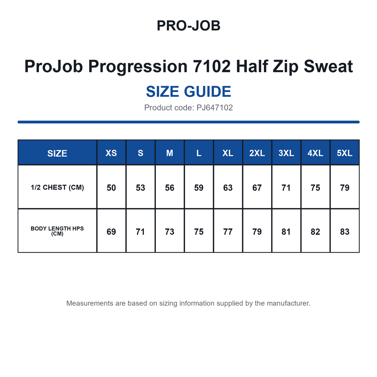 PJ647102 ProJob Progression 7102 Half Zip Sweat size guide (PJ647102)