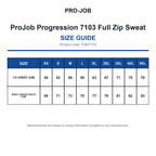 PJ647103 ProJob Progression 7103 Full Zip Sweat size guide (PJ647103)