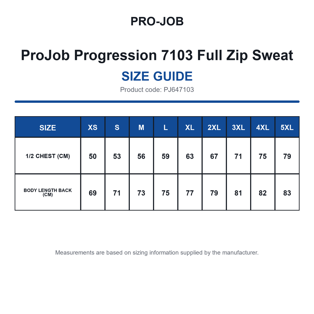 PJ647103 ProJob Progression 7103 Full Zip Sweat size guide (PJ647103)