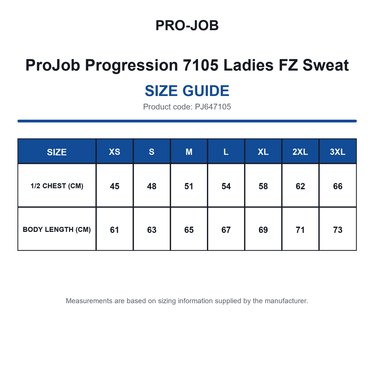 PJ647105 ProJob Progression 7105 Ladies FZ Sweat size guide (PJ647105)