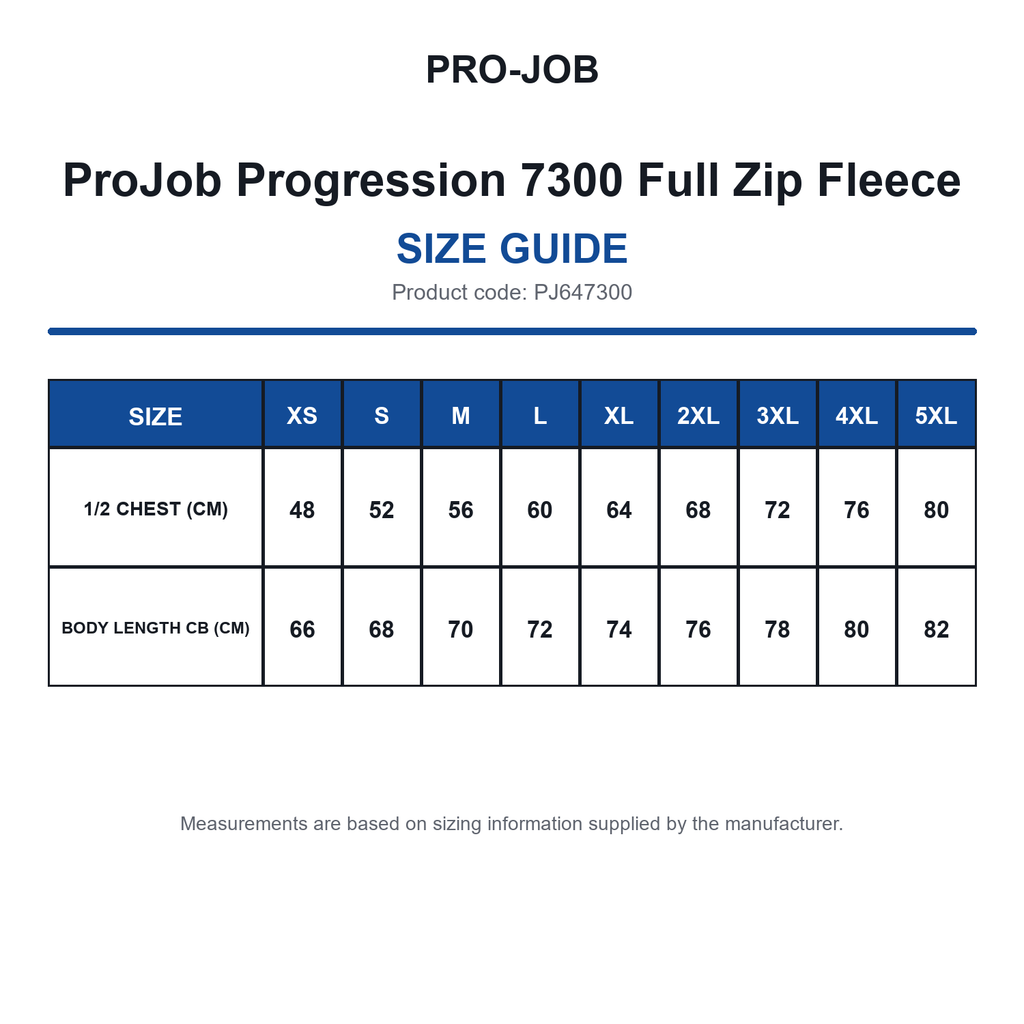 PJ647300 ProJob Progression 7300 Full Zip Fleece size guide (PJ647300)