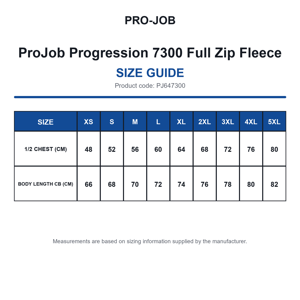 PJ647300 ProJob Progression 7300 Full Zip Fleece size guide (PJ647300)