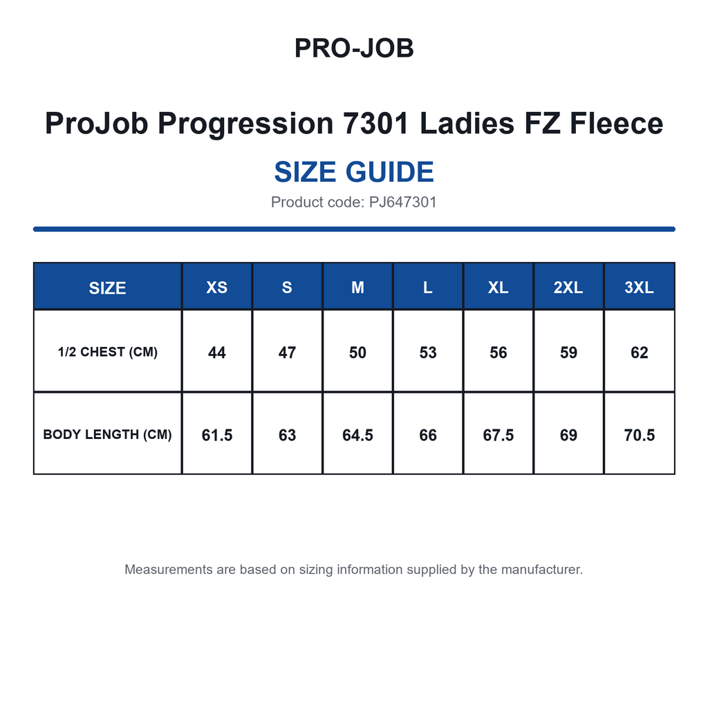 PJ647301 ProJob Progression 7301 Ladies FZ Fleece size guide (PJ647301)