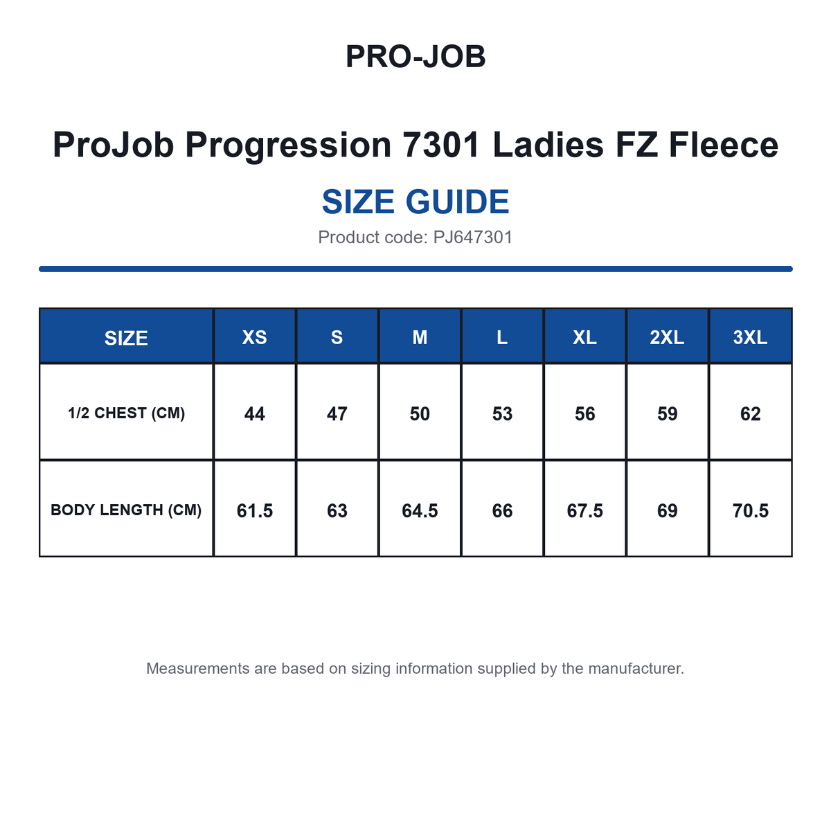 PJ647301 ProJob Progression 7301 Ladies FZ Fleece size guide (PJ647301)