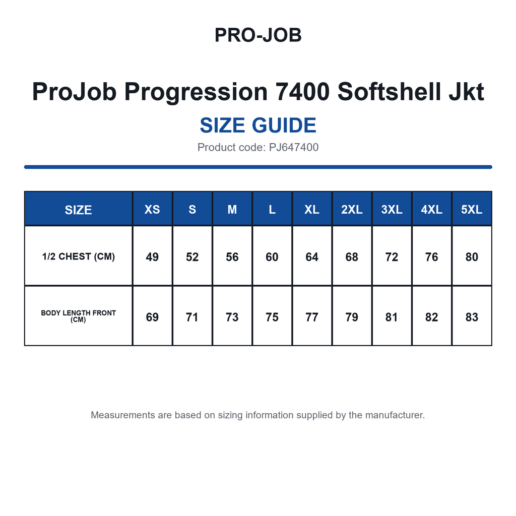 PJ647400 ProJob Progression 7400 Softshell Jkt size guide (PJ647400)