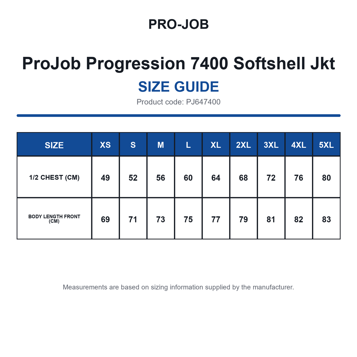 PJ647400 ProJob Progression 7400 Softshell Jkt size guide (PJ647400)