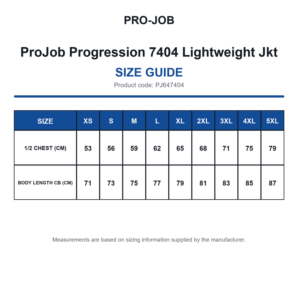 PJ647404 ProJob Progression 7404 Lightweight Jkt size guide (PJ647404)