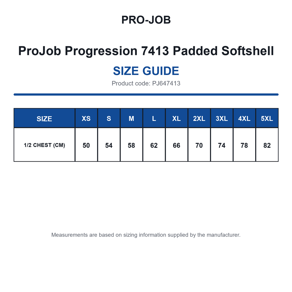 PJ647413 ProJob Progression 7413 Padded Softshell size guide (PJ647413)