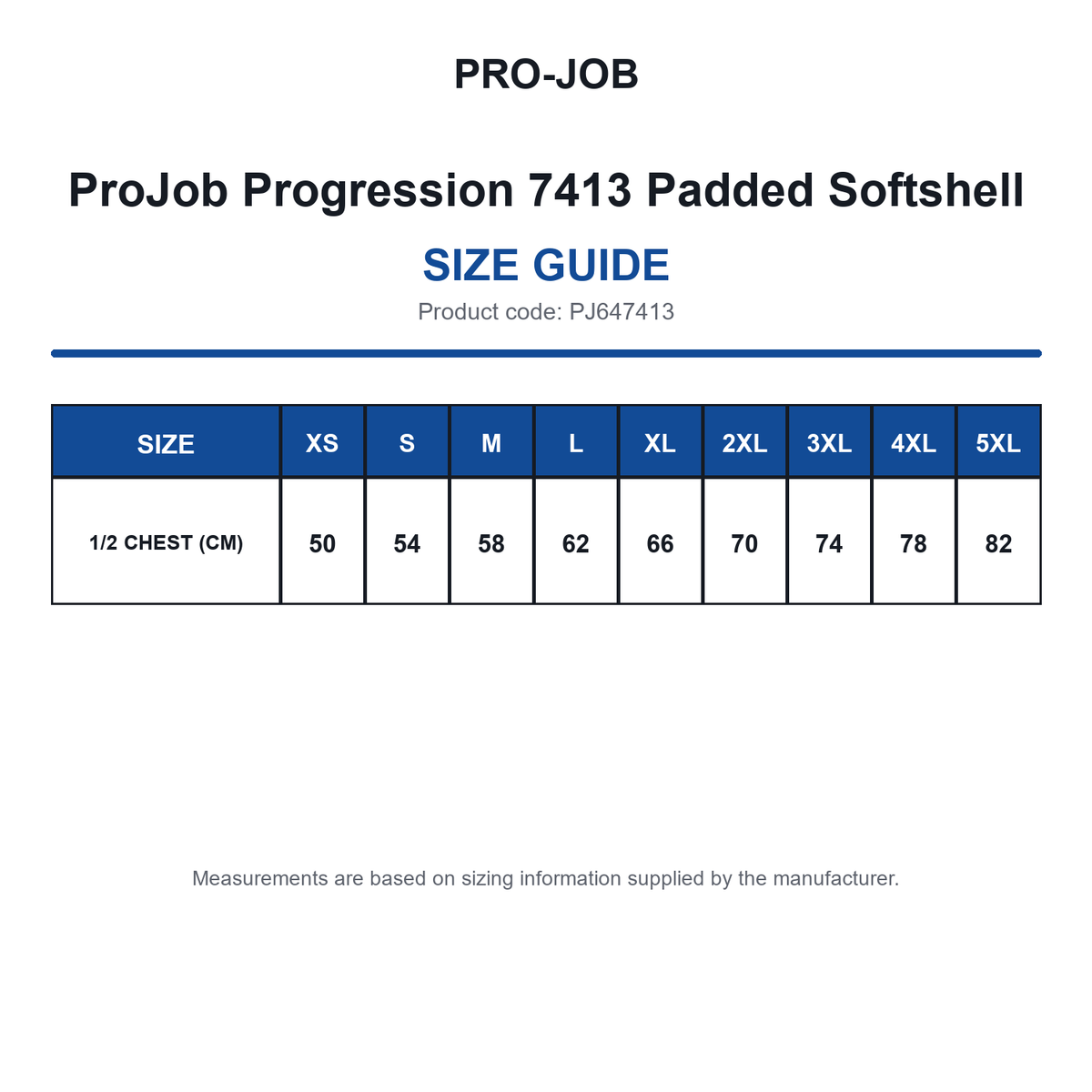 PJ647413 ProJob Progression 7413 Padded Softshell size guide (PJ647413)