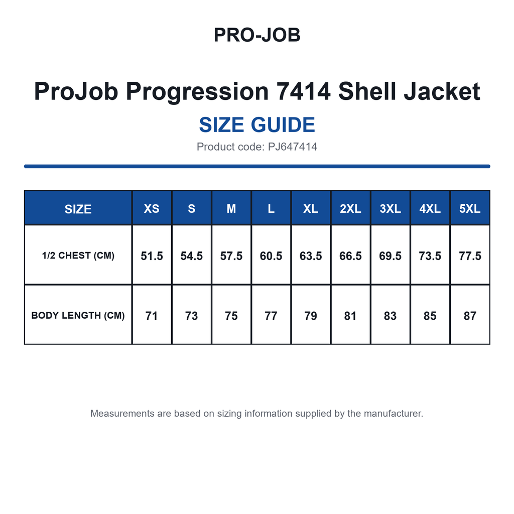 PJ647414 ProJob Progression 7414 Shell Jacket size guide (PJ647414)