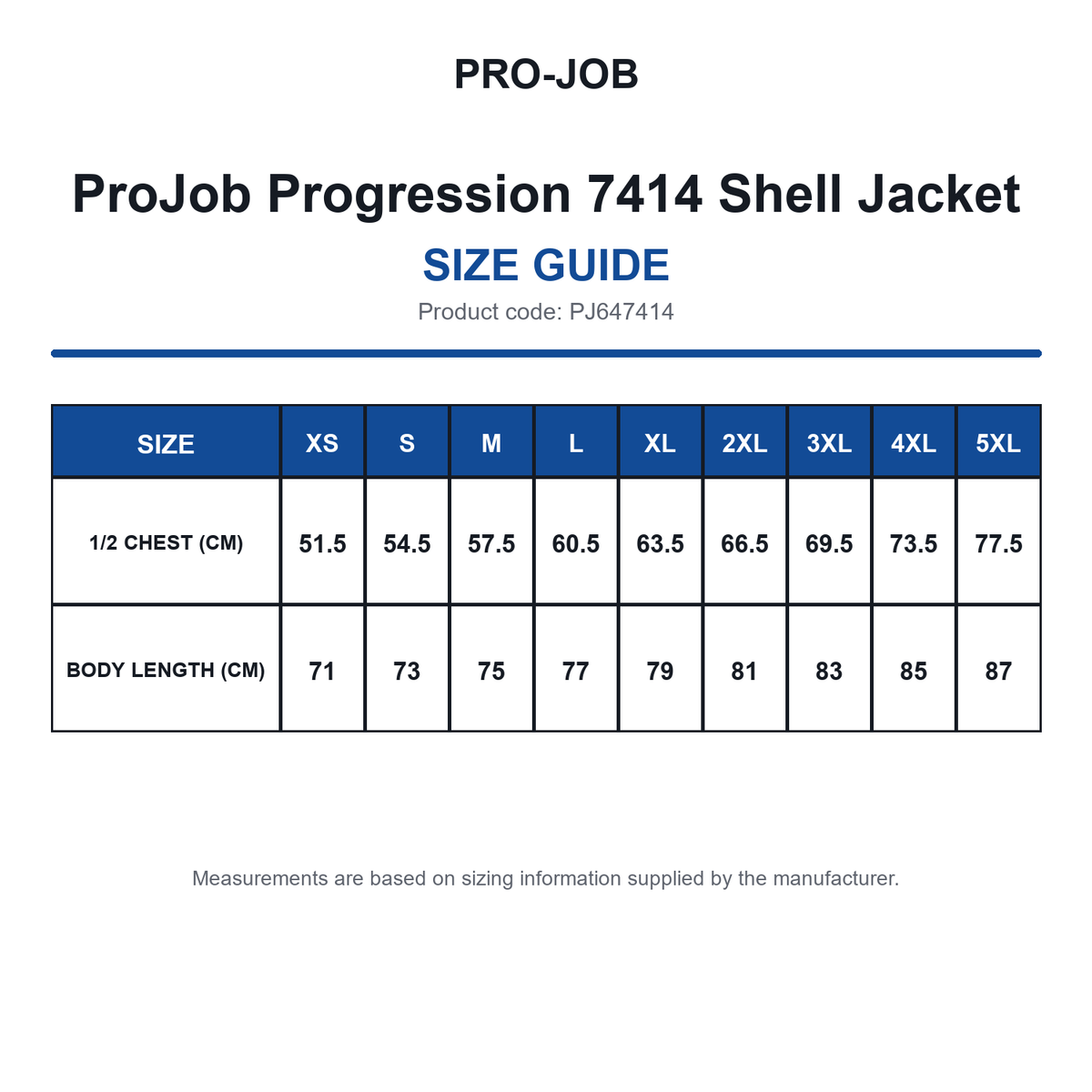 PJ647414 ProJob Progression 7414 Shell Jacket size guide (PJ647414)