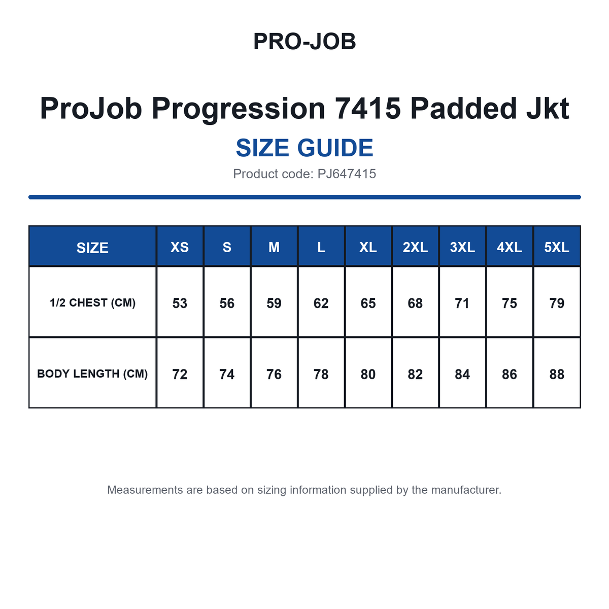 PJ647415 ProJob Progression 7415 Padded Jkt size guide (PJ647415)
