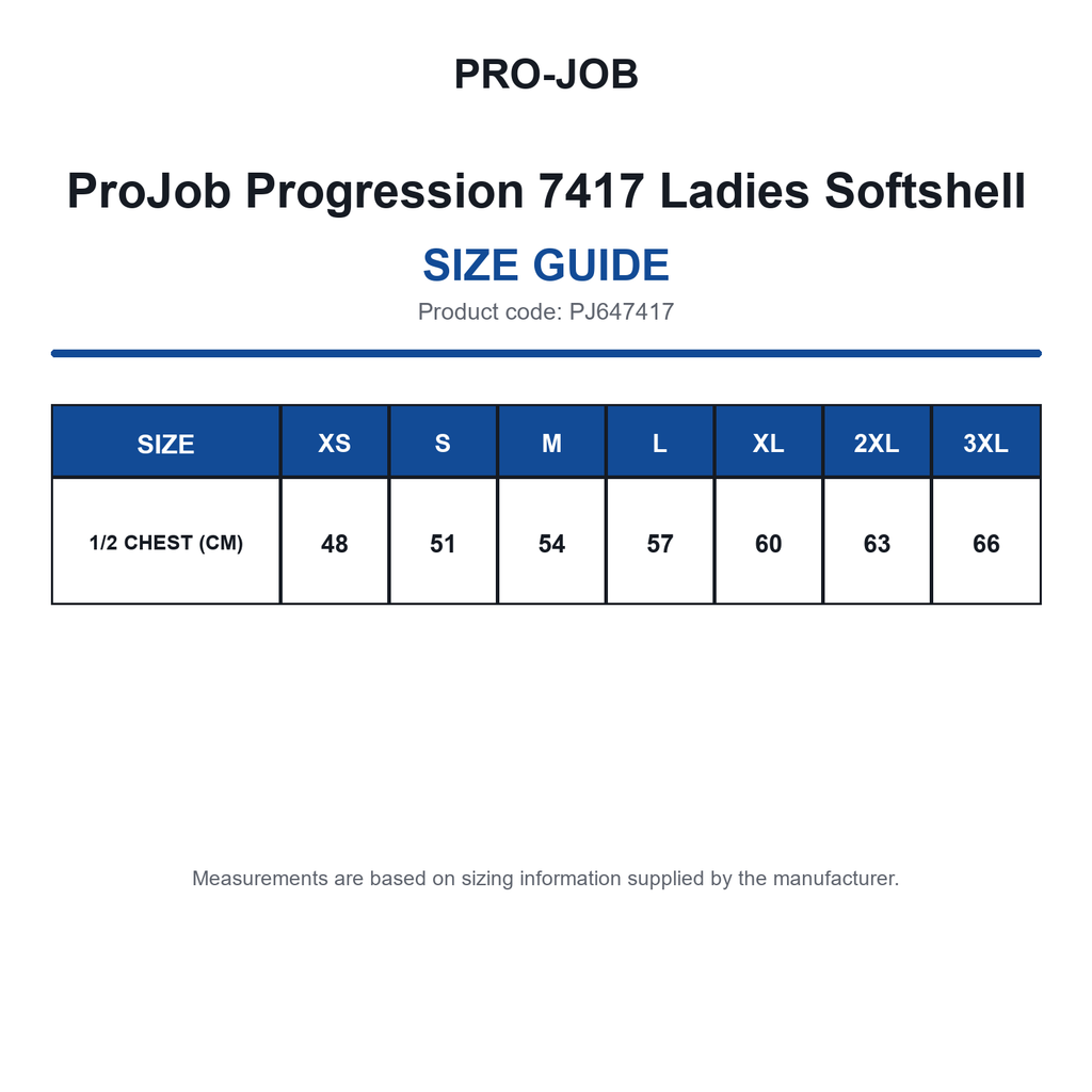 PJ647417 ProJob Progression 7417 Ladies Softshell size guide (PJ647417)
