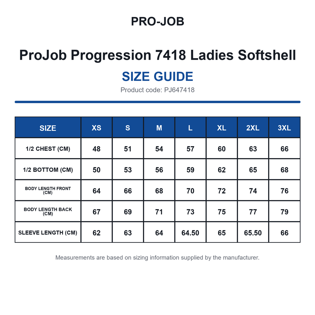 PJ647418 ProJob Progression 7418 Ladies Softshell size guide (PJ647418)