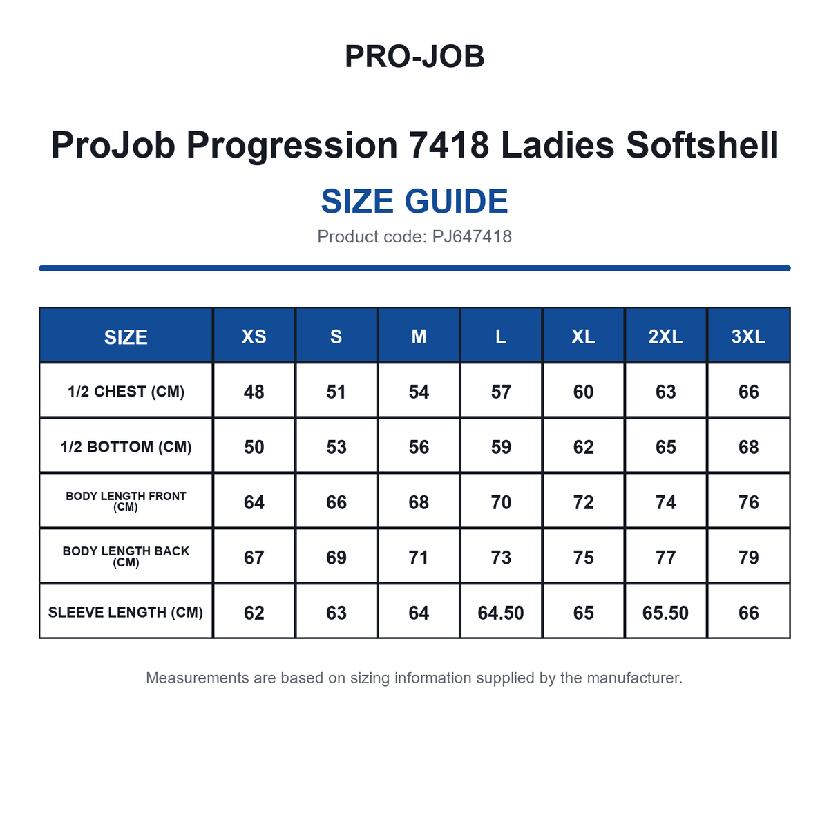 PJ647418 ProJob Progression 7418 Ladies Softshell size guide (PJ647418)
