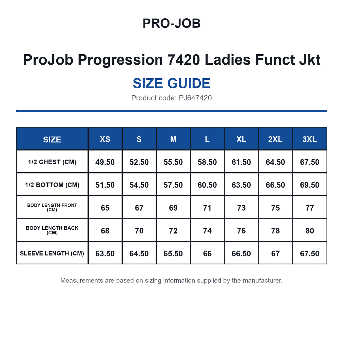 PJ647420 ProJob Progression 7420 Ladies Funct Jkt size guide (PJ647420)