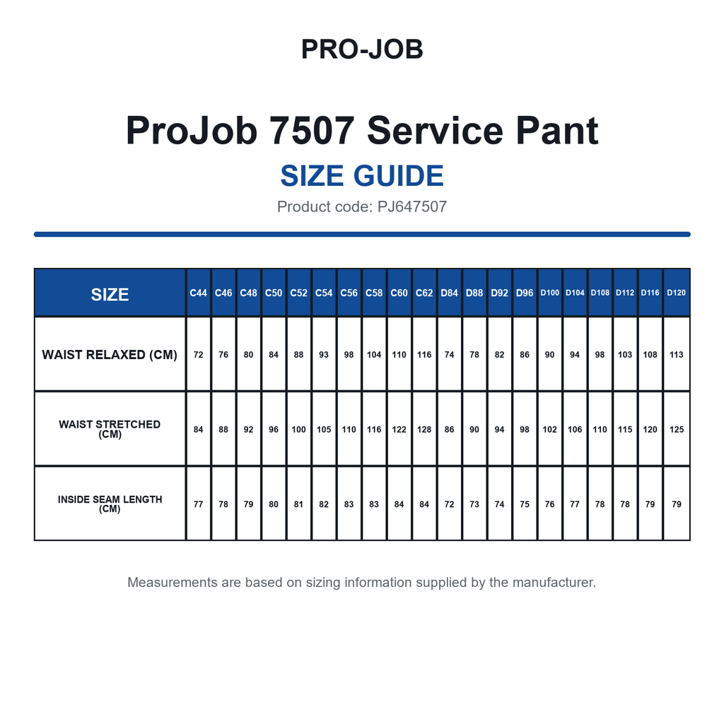 PJ647507 ProJob 7507 Service Pant size guide (PJ647507)