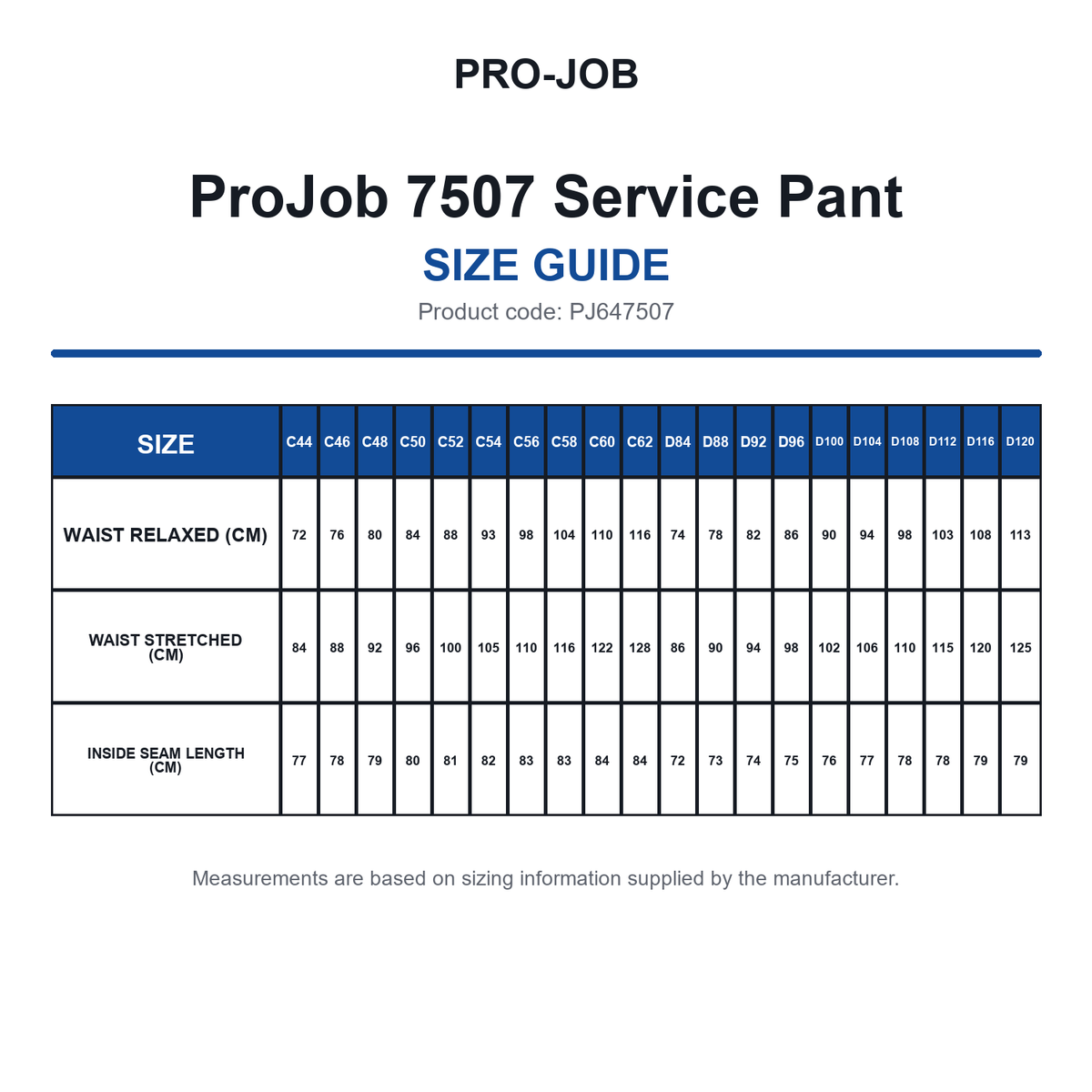 PJ647507 ProJob 7507 Service Pant size guide (PJ647507)