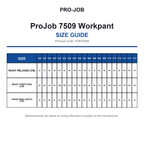 PJ647509 ProJob 7509 Workpant size guide (PJ647509)