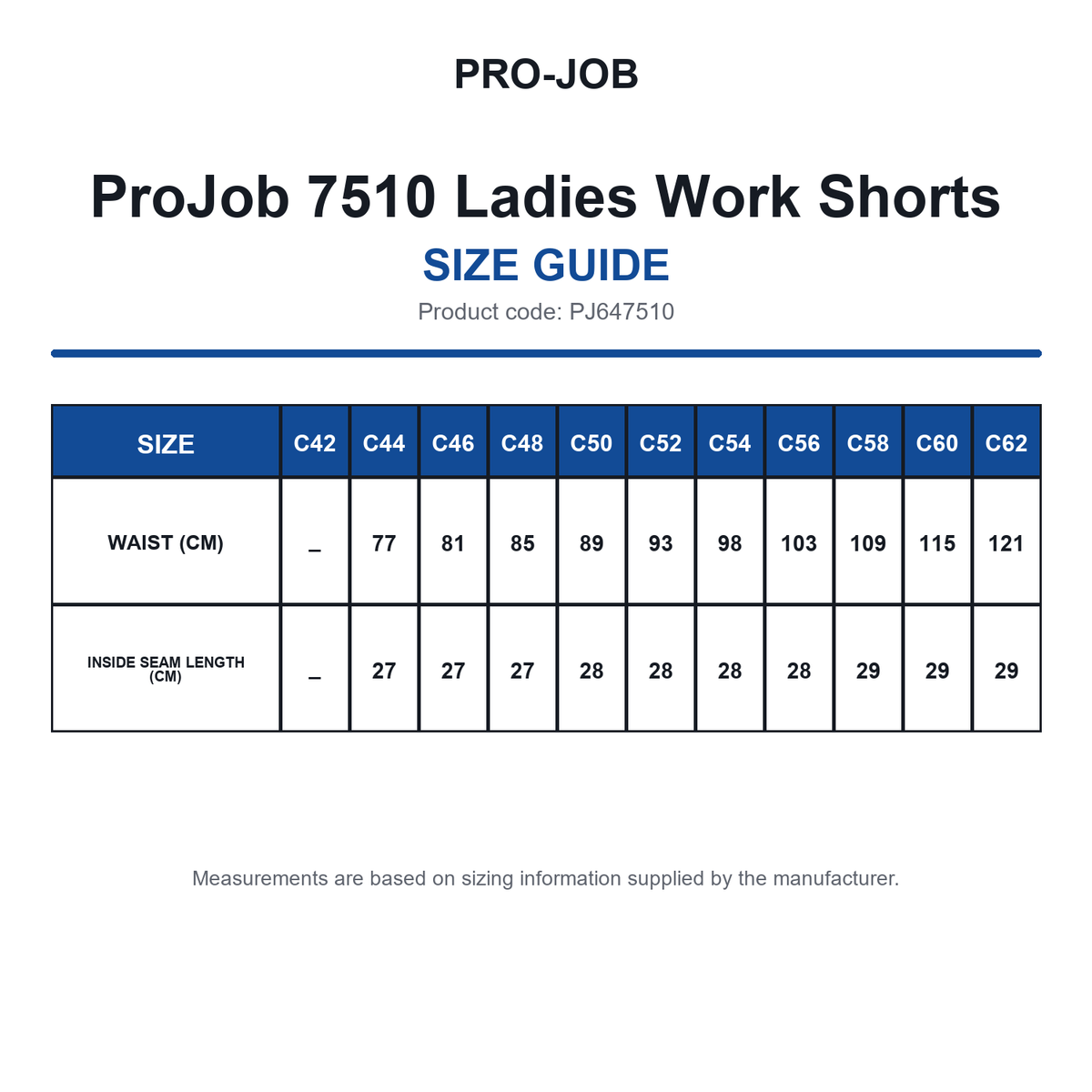 PJ647510 ProJob 7510 Ladies Work Shorts size guide (PJ647510)