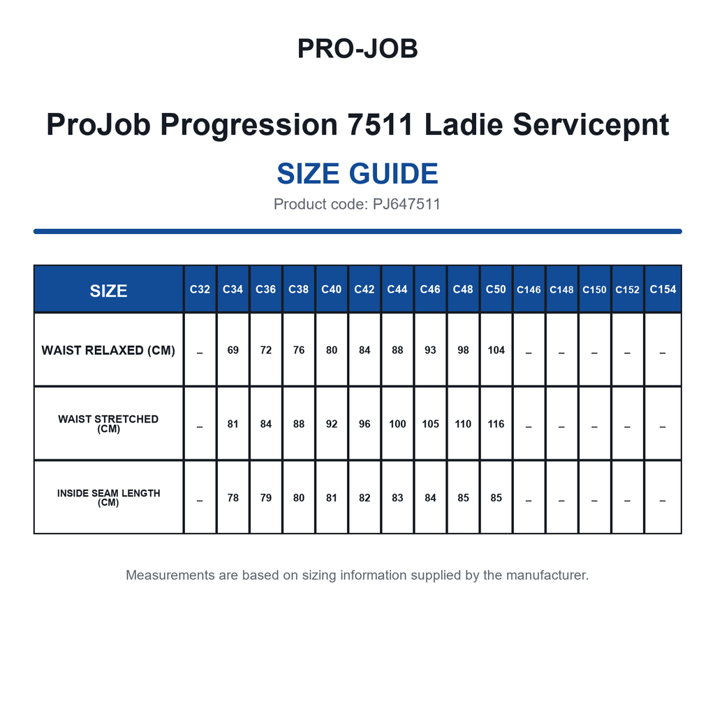 PJ647511 ProJob Progression 7511 Ladie Servicepnt size guide (PJ647511)