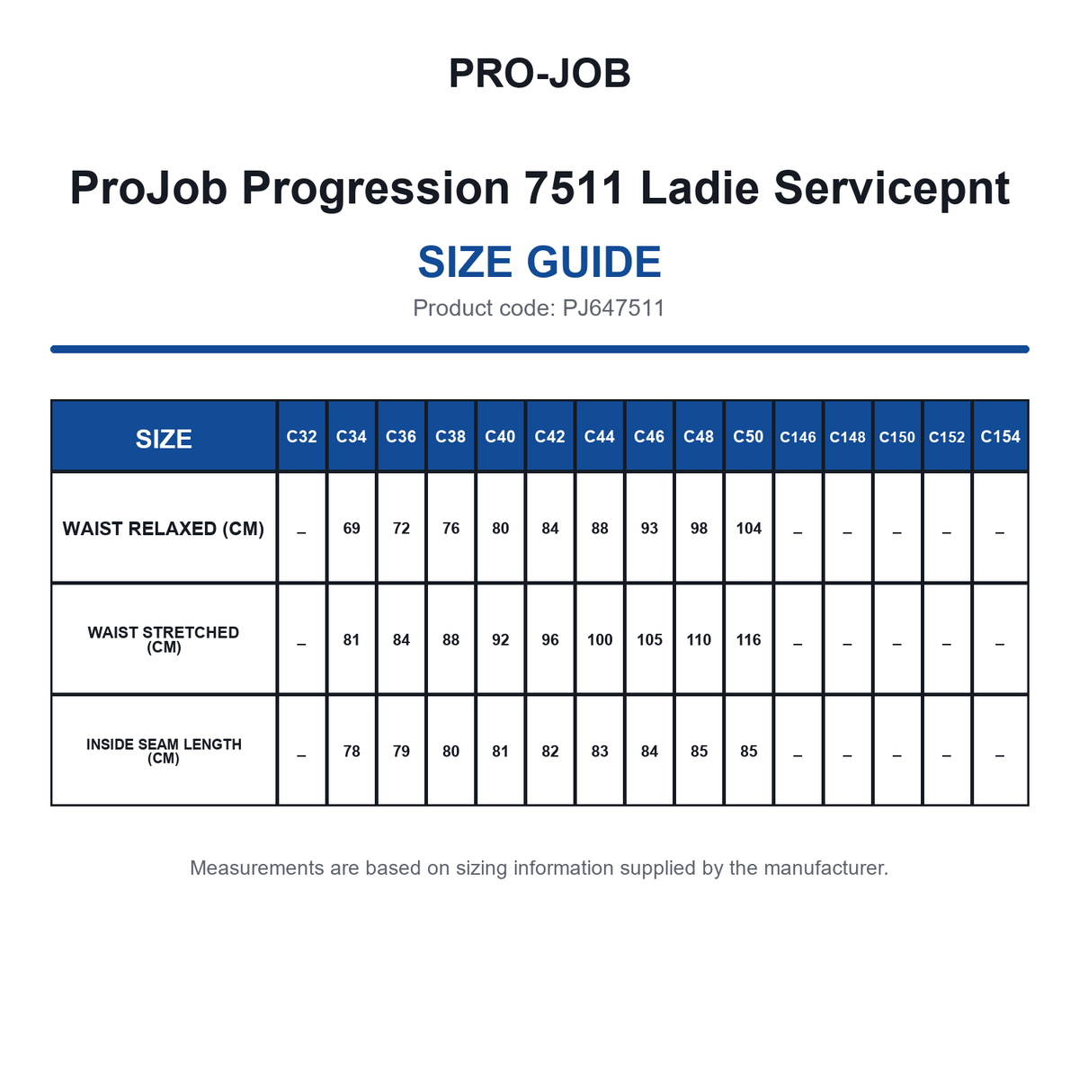 PJ647511 ProJob Progression 7511 Ladie Servicepnt size guide (PJ647511)