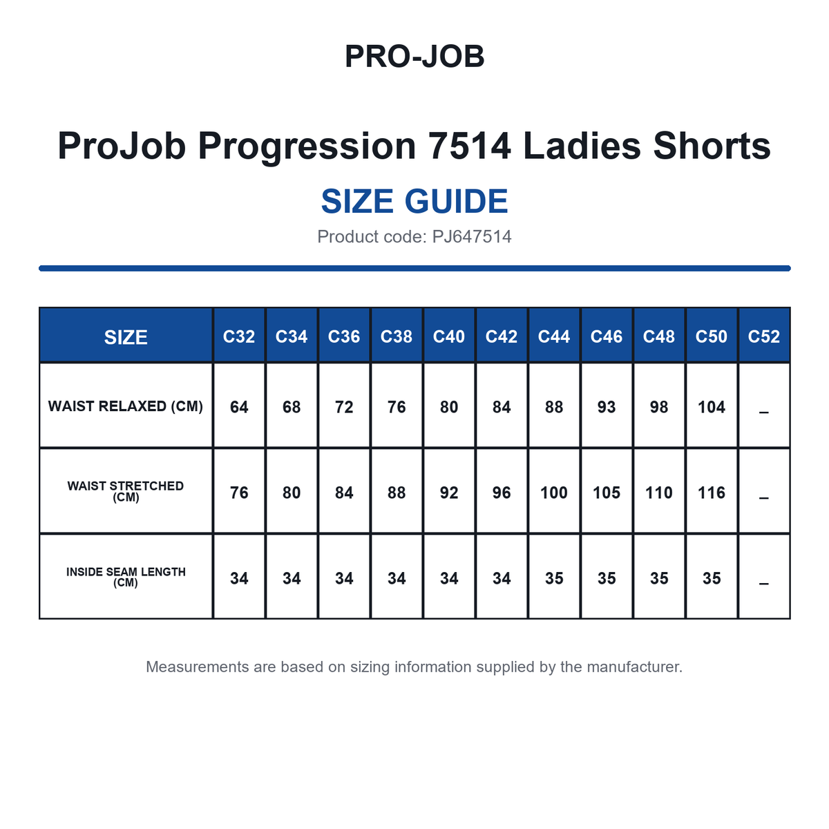 PJ647514 ProJob Progression 7514 Ladies Shorts size guide (PJ647514)