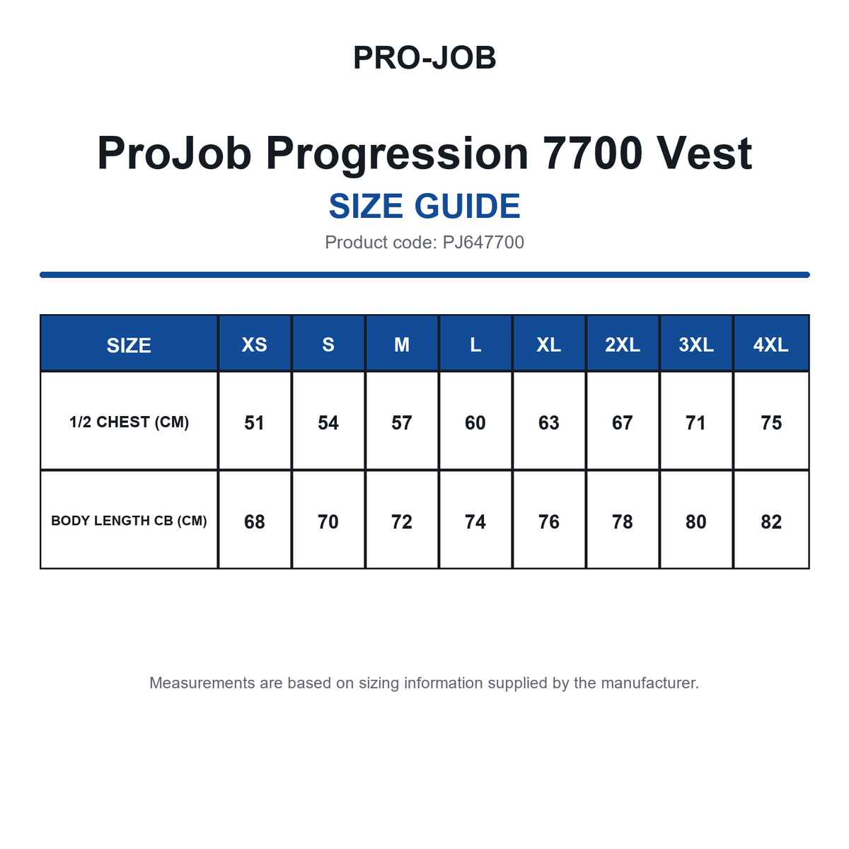 PJ647700 ProJob Progression 7700 Vest size guide (PJ647700)