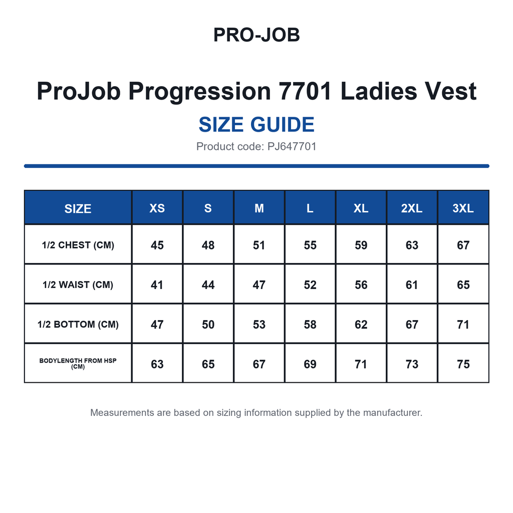 PJ647701 ProJob Progression 7701 Ladies Vest size guide (PJ647701)