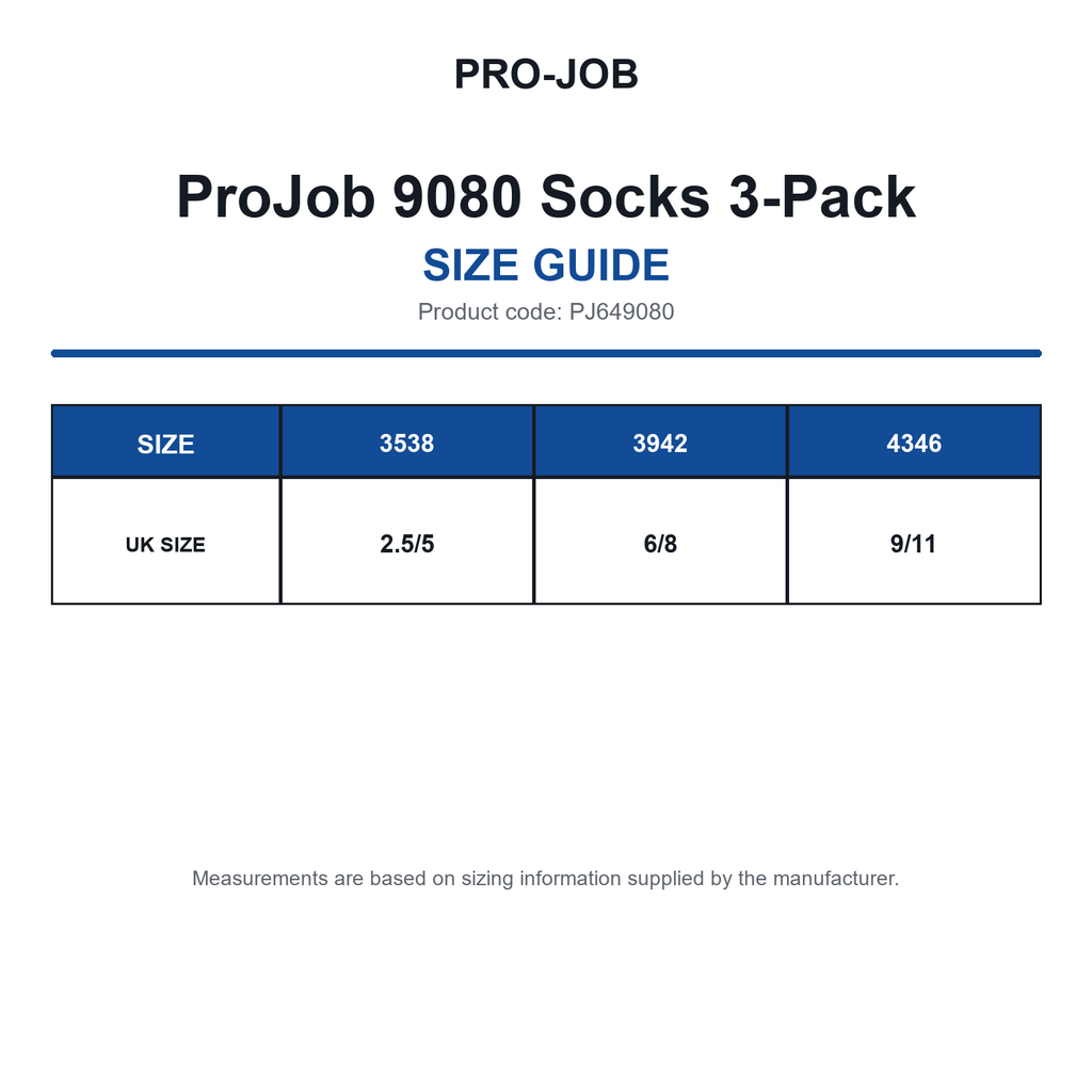 PJ649080 ProJob 9080 Socks 3-Pack size guide (PJ649080)