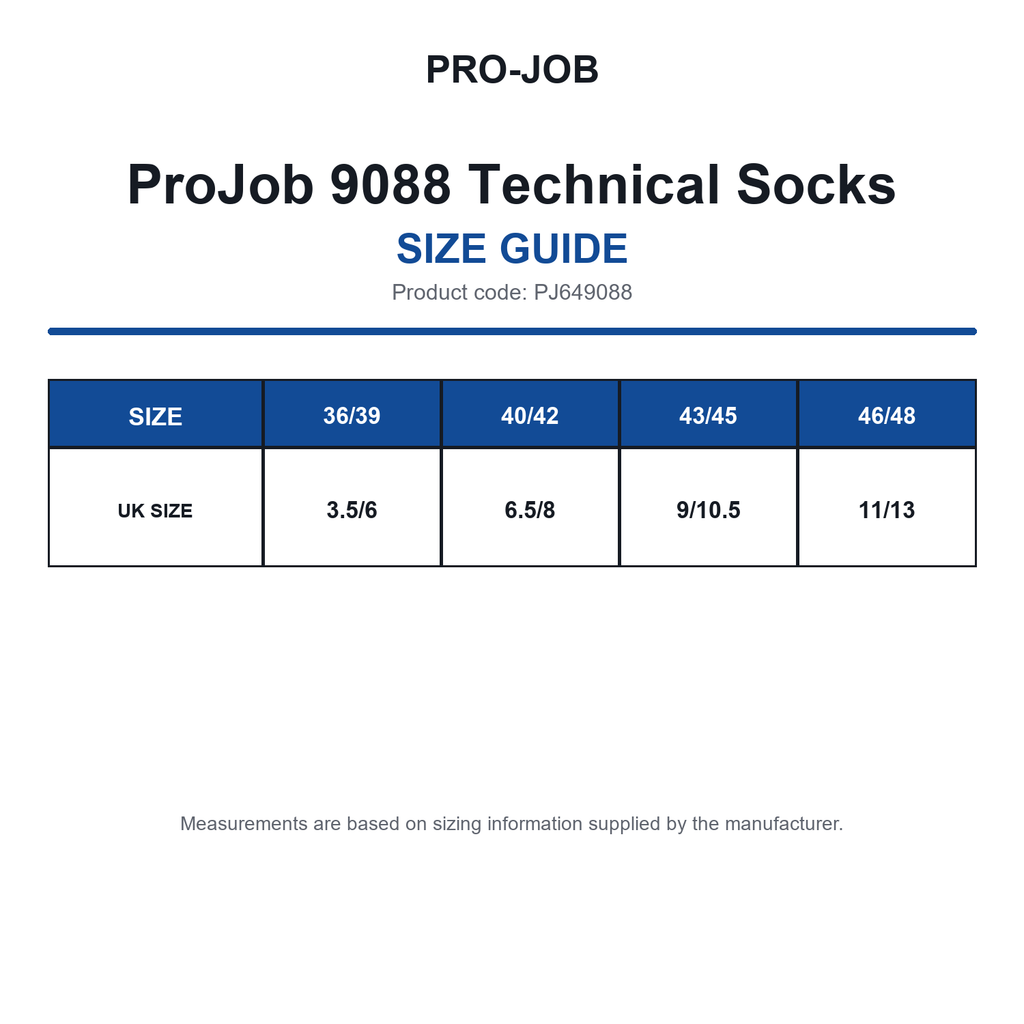 PJ649088 ProJob 9088 Technical Socks size guide (PJ649088)