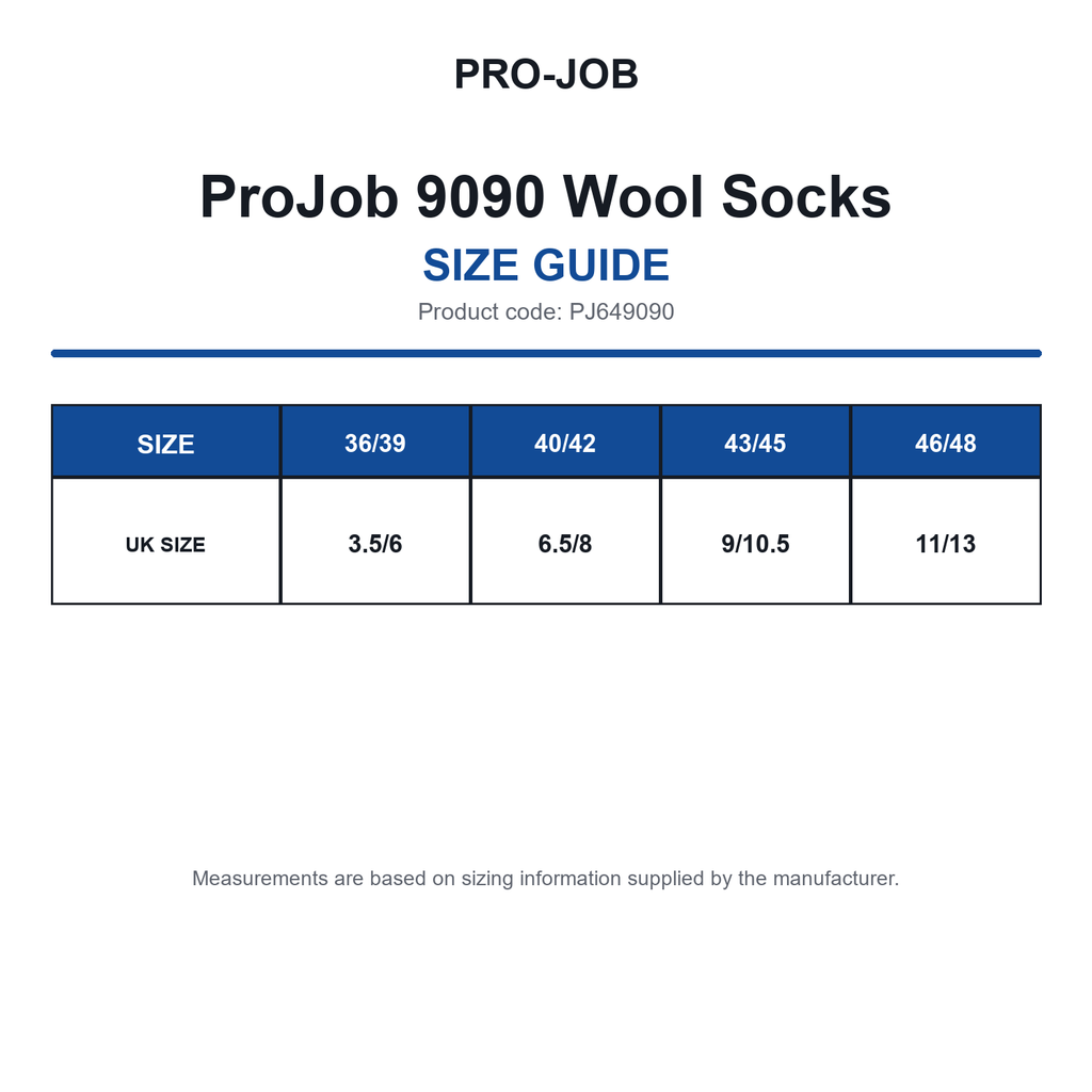 PJ649090 ProJob 9090 Wool Socks size guide (PJ649090)
